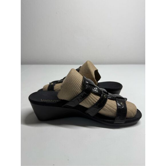 Vionic Radia Black Patent Croco Wedge Sandals Size 8 US Adjustable 3 Strap Gold - Picture 9 of 11